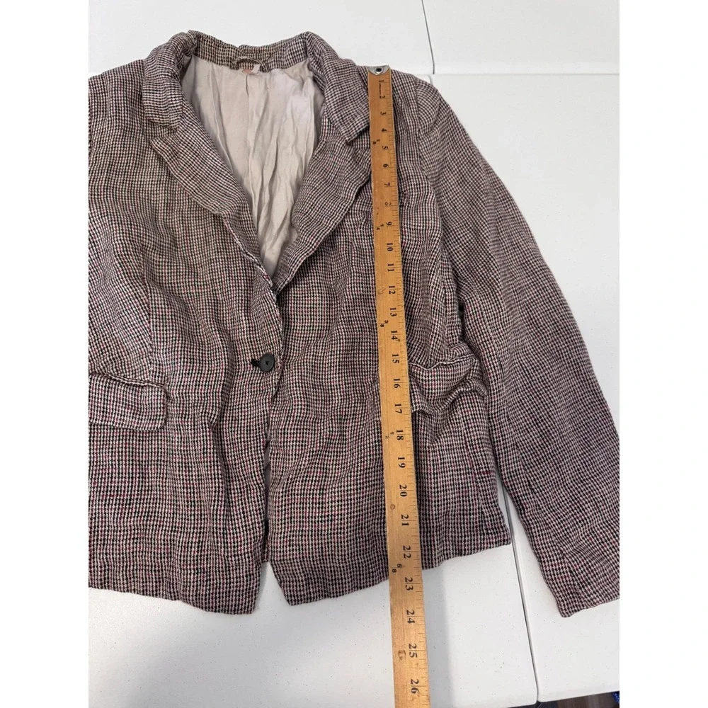 Free‎ People Linen Houndstooth Single Button Blazer Jacket Neutral Red Large t3